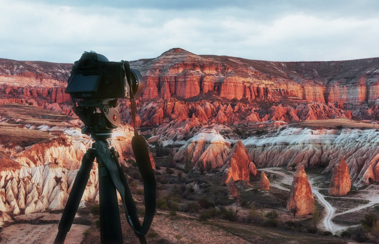 Southwest landscape scene with camera in the foreground.